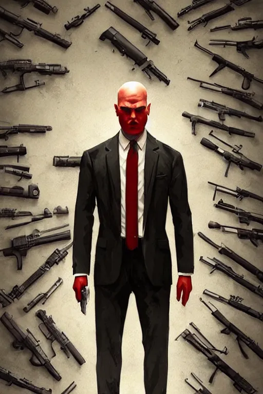 Prompt: an intricate and expressive portrait of agent 4 7 from hitman choosing a weapon from a wall full of guns, dark background, red rim light, highly detailed, digital art, artstation, concept art by giger stalenhag