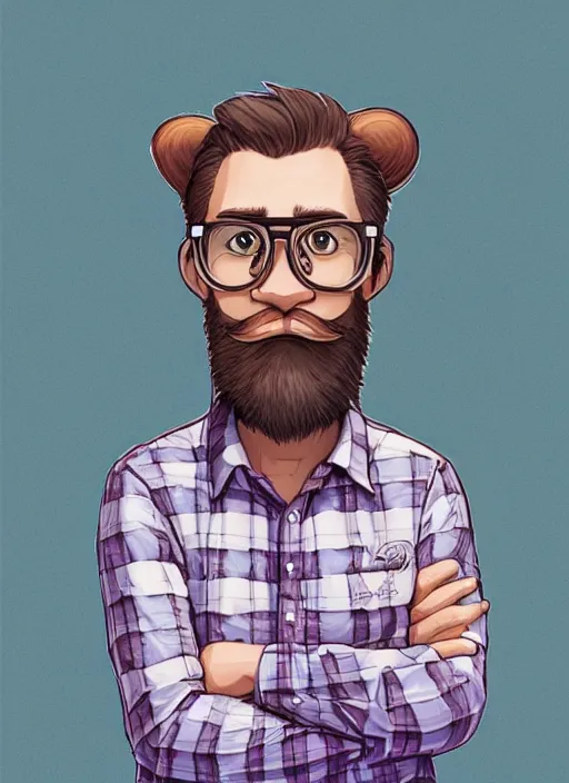 Prompt: very detailed drawing of a hipster very long beard purple care bear wearing lumberjack plaid shirt and glasses in a white background, trending on artstation, flat colors, cartoon, cell shaded by studio ghibli greg rutkowski loish rhads ferdinand knab