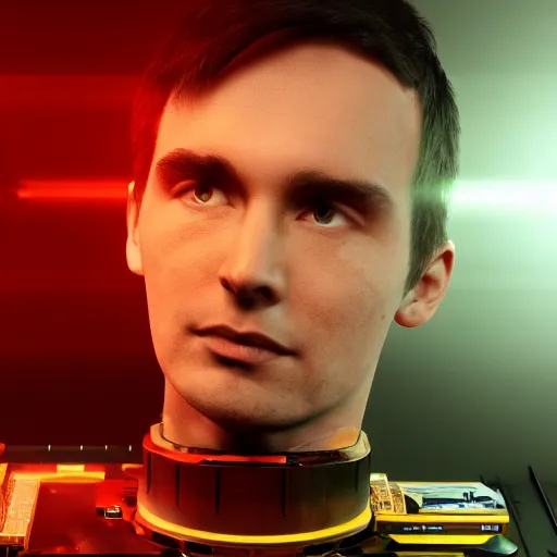 Image similar to linus tech tips super rtx god mech final form ridgewallet cylon eye epic dynamic pose 4 k deviantart artstation 3 d octane render blender with sebastian linus's face