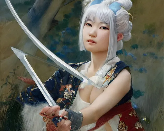 Image similar to a young japanese princess lady with white hair and bangs!!!!, posing with a sword, white hair highly detailed painting by gaston bussiere, craig mullins, j. c. leyendecker 8 k