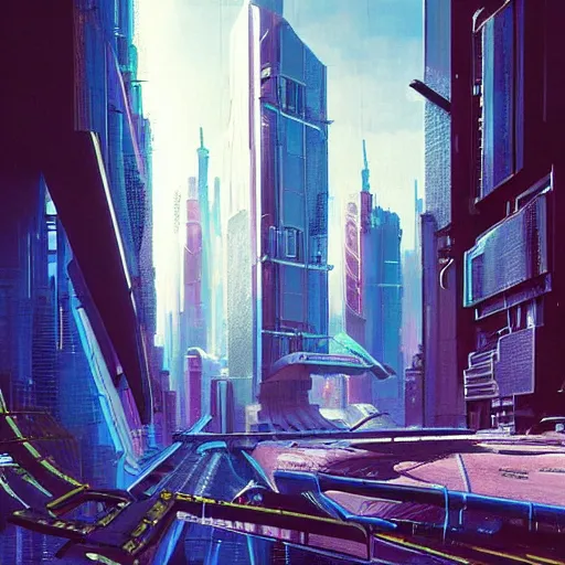 Prompt: busy cyberpunk futuristic cityscape located under a bridgeway, world seen only through a portal, daylight, cinematic perspective, cinematic lighting, blue sky, syd mead, john harris, symmetrical