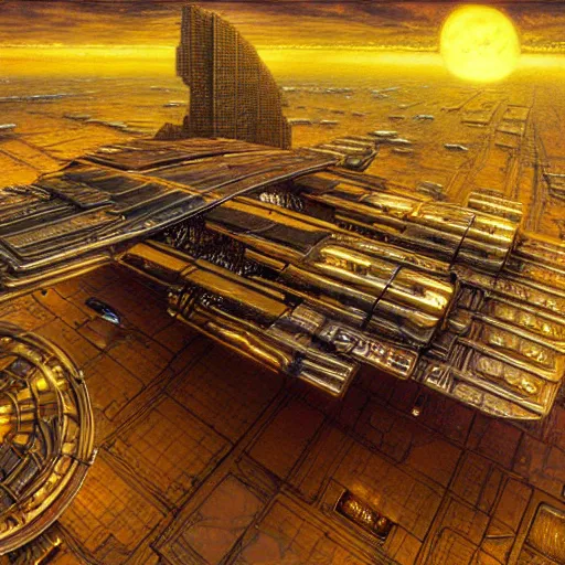 Image similar to cyberpunk starship hovering, atmospheric lighting, painted, intricate, golden hour, ultra detailed by peter gric, giger, enki bilal