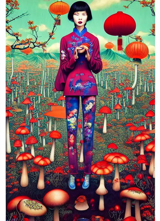 Image similar to pretty chinese model with hallucination mushroom : : by martine johanna and simon stalenhag and chie yoshii and casey weldon and wlop : : ornate, dynamic, particulate, rich colors, intricate, elegant, highly detailed, vogue, harper's bazaar art, fashion magazine, smooth, sharp focus,