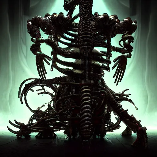 Image similar to highly evolved biomechanical phyrexian dreadnought pregnant borg queen hybrid being possessed by the machine spirit, artists tram pararam and doctor seuss with beryl cook and hr giger, high contrast cinematic light, mystical shadows, sharp focus, octane render