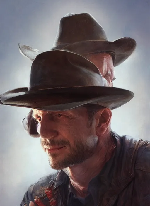 Image similar to Portrait Tim Robinson in a cowboy hat, marvel comics, dark, intricate, highly detailed, smooth, artstation, digital illustration by Ruan Jia and Mandy Jurgens and Artgerm and Wayne Barlowe and Greg Rutkowski and Frank Frazetta