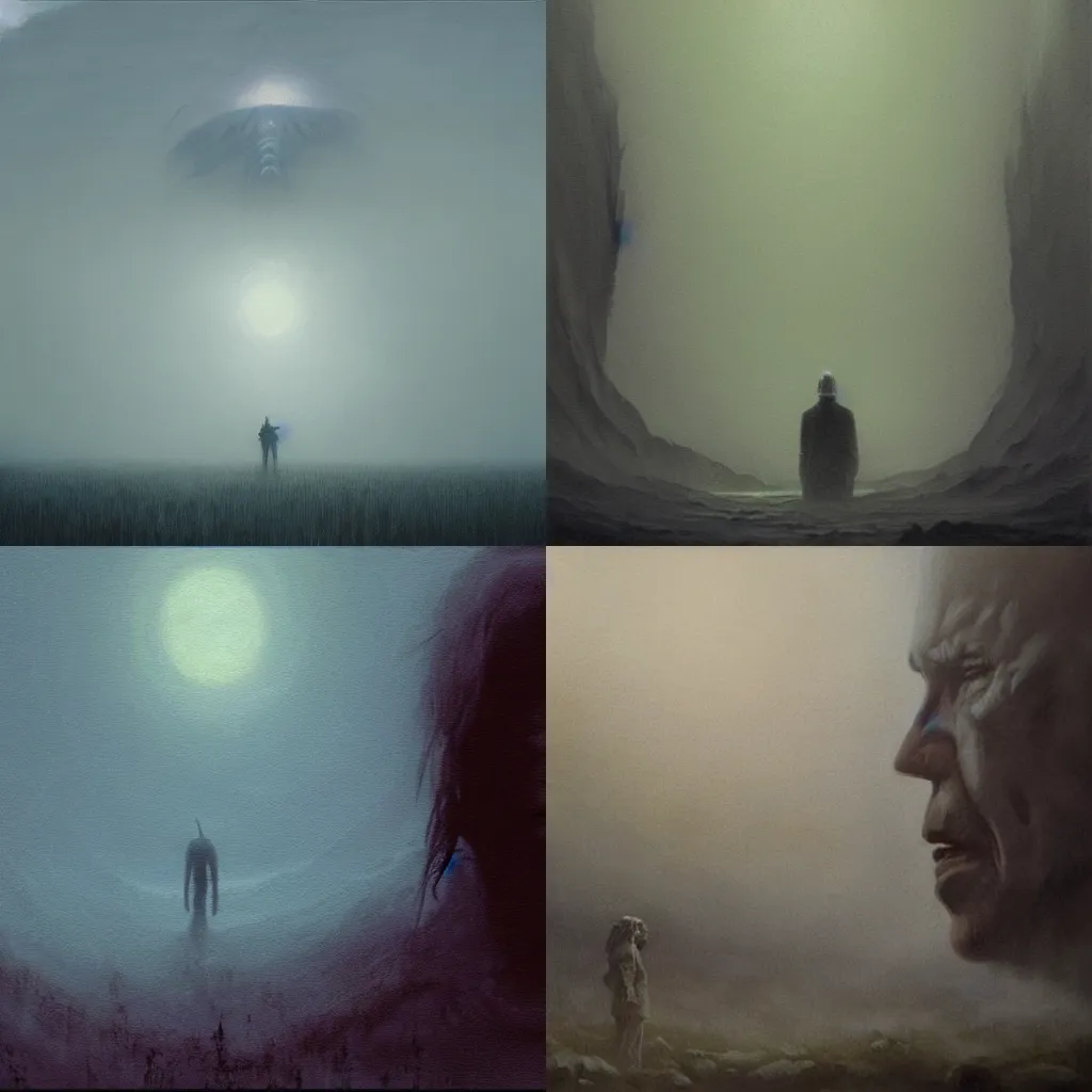 Prompt: alex jones portrait, terror and horror painting descending on earth, by greg rutkowski and studio ghibli, inspired by zdzisław beksinski, cinematic, atmospheric, dramatic colors, dawn.