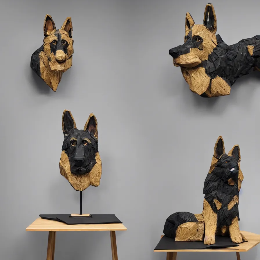 Image similar to beautiful gallery show studio photograph of a giant realistic geometric ceramic sculpture of a german shepherd dog!!!!, heavily glazed by bridget riley and victor vasarely, placed on a polished wooden table, colorful hyperrealism 8 k trending on artstation