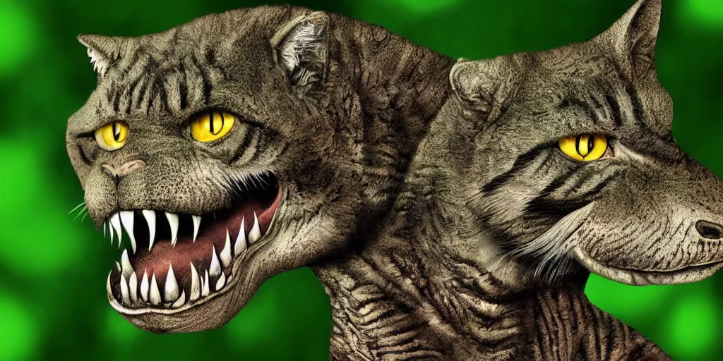 Image similar to tyrannosaurus rex cat hybrid, jungle background