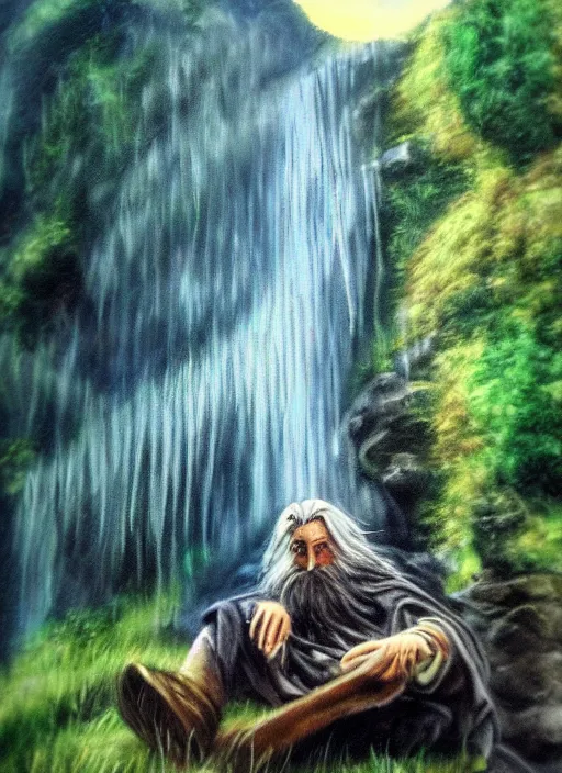 Image similar to wizard sitting next to waterfall in the mountains, trending on deviantart, lord of the rings, detailed