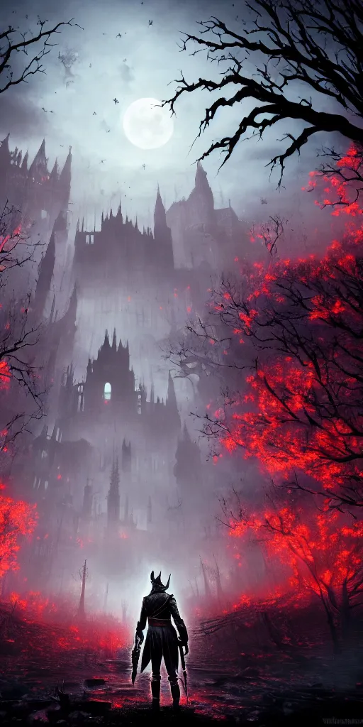 Image similar to abandoned bloodborne old valley with a person at the centre and a ruined gothic city at the emd, trees and stars in the background, bats in the sky, falling red petals, epic red - orange moonlight, perfect lightning, wallpaper illustration by niko delort and kentaro miura, 4 k, ultra realistic