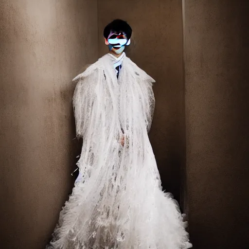 Image similar to a beautiful young korean male wearing a translucid lace wedding gown designed by alexander mcqueen, photographed by andrew thomas huang for a fashion editorial