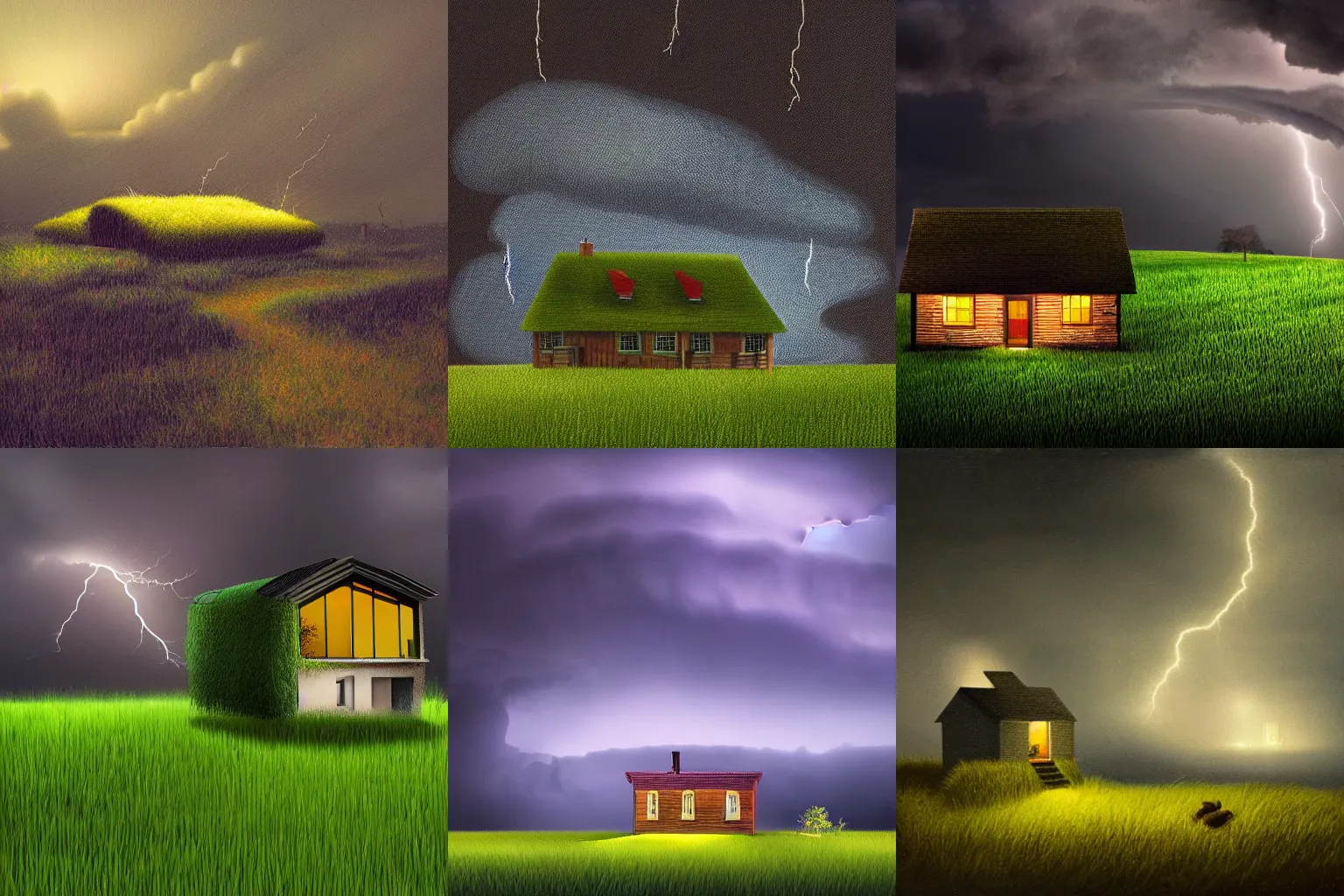 Prompt: grassy landscape with a singular house at night during thunderstorm, dark colors, hyperdetailed, hyperrealistic