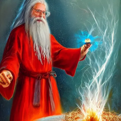 Prompt: a wizard holding an orb of frost in one hand and an orb of fire in the other, blue robes, red background, symmetrical, long white hair, long white beard, realistic painting