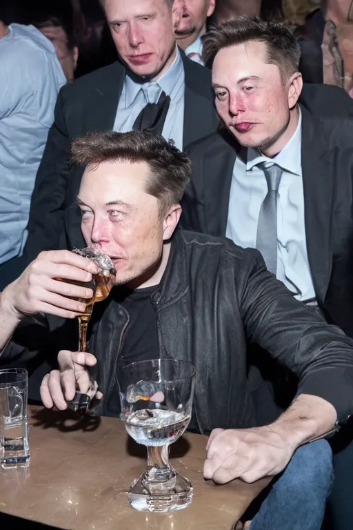 Prompt: detailed photo of elon musk drinking vodka