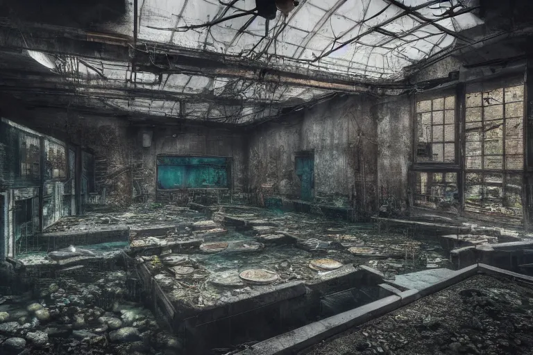 Image similar to an art photo of aquarium in dimly lit abandoned industrial room, fine details, trending on artstation