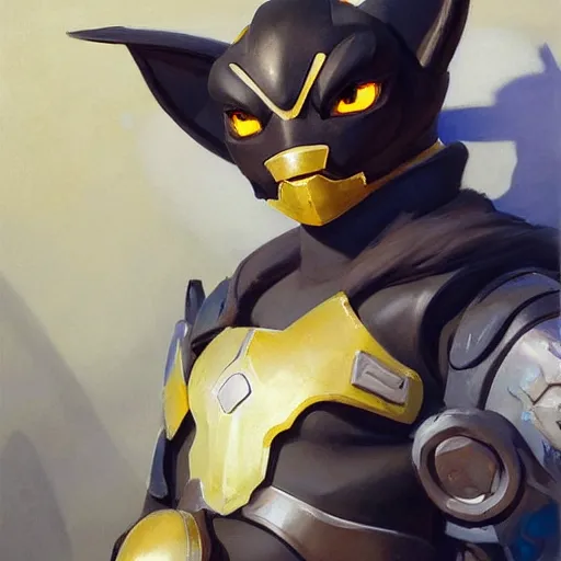 Image similar to greg manchess portrait painting of partially armored umbreon as overwatch character, medium shot, asymmetrical, profile picture, organic painting, sunny day, matte painting, bold shapes, hard edges, street art, trending on artstation, by huang guangjian, gil elvgren, ruan jia, greg rutkowski, gaston bussiere