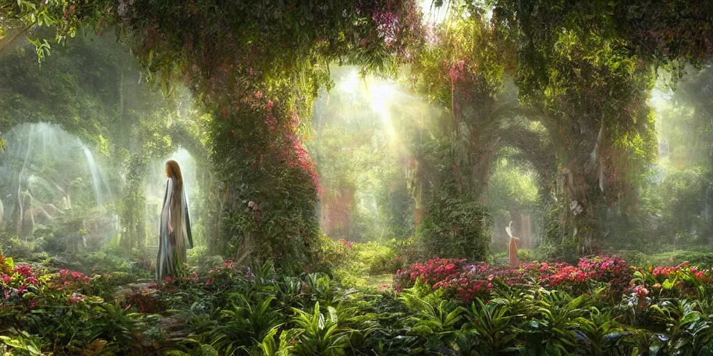 Image similar to long shot of a bright sun shining through a gardens in the bay interior, mystical woman wearing a cloak walking in over grown botanical garden, pre raphaelite, atmospheric, ground mist, waterfalls, light streams, style of gardens in the bay singapore, art by artgerm, sharp, intricate detail,