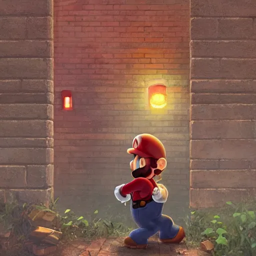 Image similar to man super mario, hiding behind a brick wall, dark mood, highly detailed, digital painting, artstation, illustration, art by artgerm and greg rutkowski and alphonse mucha