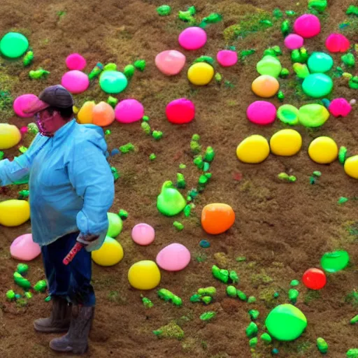 Image similar to a farmer of colorful blobs made of translucent slime trapping them and putting them in a pen