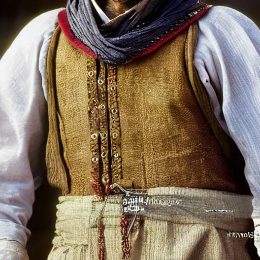 Image similar to Close up of a Kurdish shepherd wearing Kurdish Kurdish Kurdish clothes in a movie directed by Christopher Nolan, movie still frame, promotional image, imax 70 mm footage