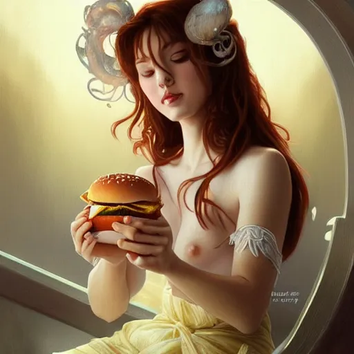 Prompt: portrait of highly aroused chicken eating hamburgers, extra onions and ketchup, luscious patty with sesame seeds, feminine ethereal, handsome, D&D, fantasy, intricate, elegant, highly detailed, digital painting, artstation, concept art, matte, sharp focus, illustration, art by Artgerm and Greg Rutkowski and Alphonse Mucha