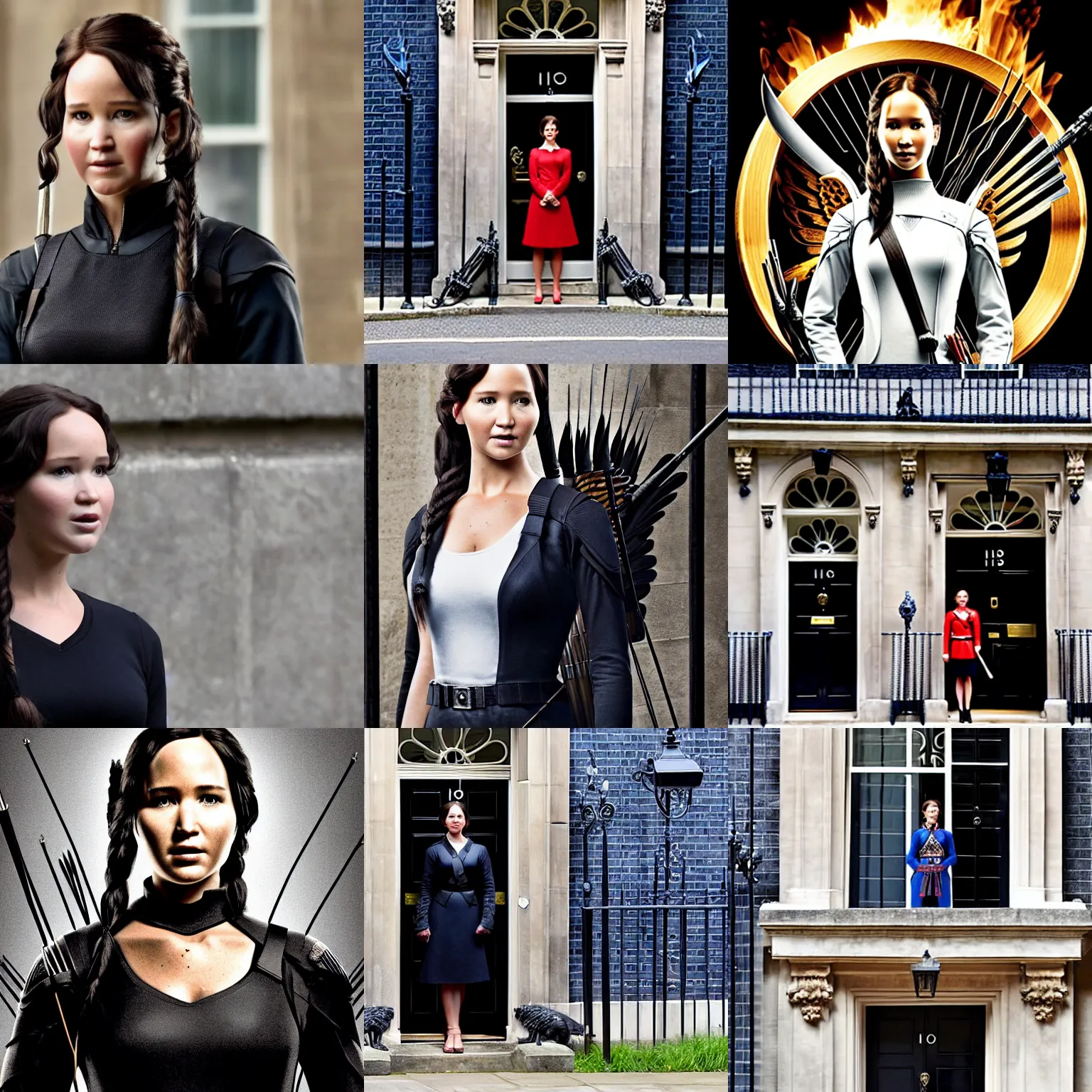 Prompt: katniss everdeen as the prime minister of england, in front of 1 0 downing street, official portrait, press