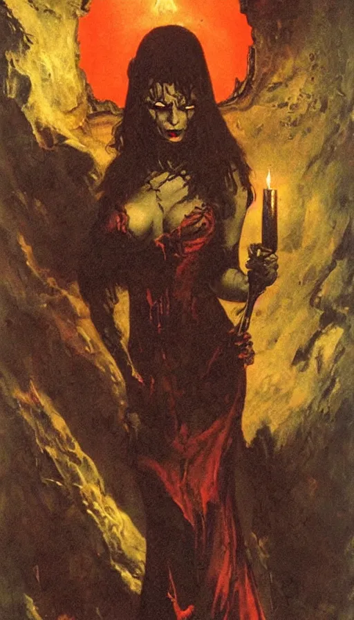 Prompt: carmilla vampire, gothic horror, by frank frazetta, candlelit catacombs