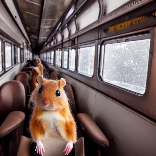 Image similar to photo of a train interior, a brown hamster is sitting on a seat, various poses, unedited, soft light, sharp focus, 8 k