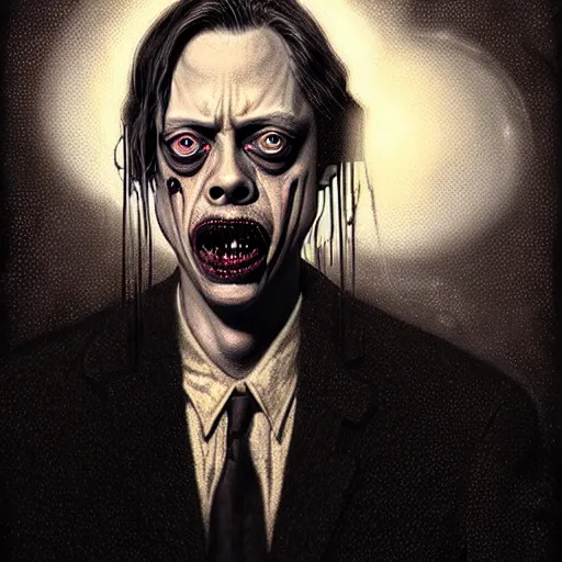 Image similar to disturbing grunge still of a lovecraftian demon infested steve buscemi, crayon horror art in dark and muted colors, by arthur adams, by tom bagshaw, by henry asencio, by kikuchi hideyuki