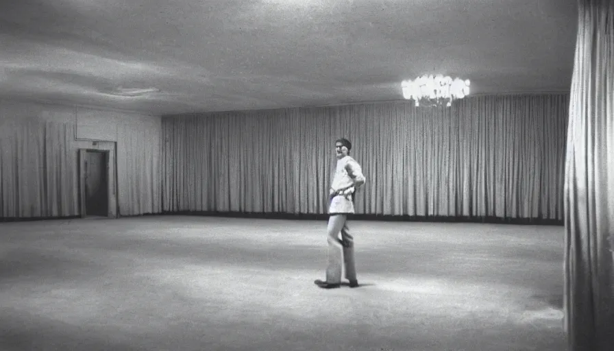 Image similar to 70s movie still of a man with elongated arms in a soviet ballroom, eastmancolor, heavy grain, high quality, higly detailed, liminal space