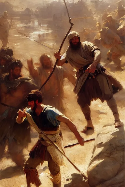 Image similar to ancient biblical israeli young man david slinging a stone at the philistine giant goliath of gath in battle by anders zorn, wonderful masterpiece by greg rutkowski, beautiful cinematic light, by greg manchess, jessica rossier