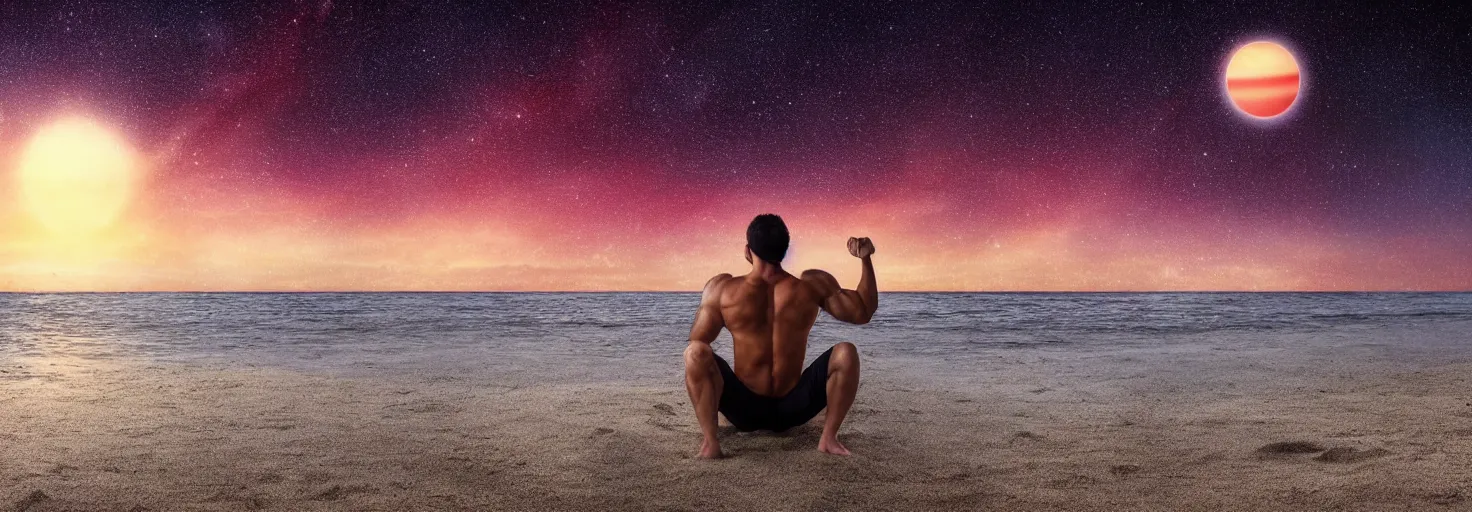 Prompt: muscular guy on the beach sitting on the sand watching the sunset a distant galaxy and a planet with rings is visible in the evening sky, highly detailed photograph high definition