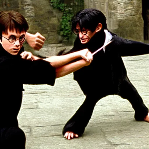 Prompt: harry potter fighting a monkey