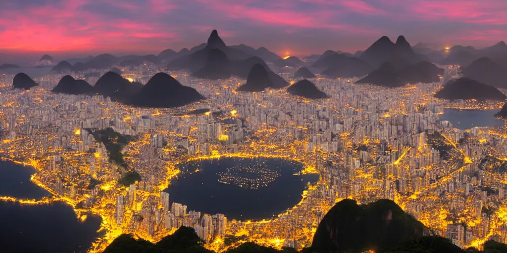 Image similar to rio de janeiro at sunset, realistic