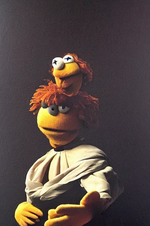 Prompt: a muppet painted by Caravaggio, black background, chiaroscuro