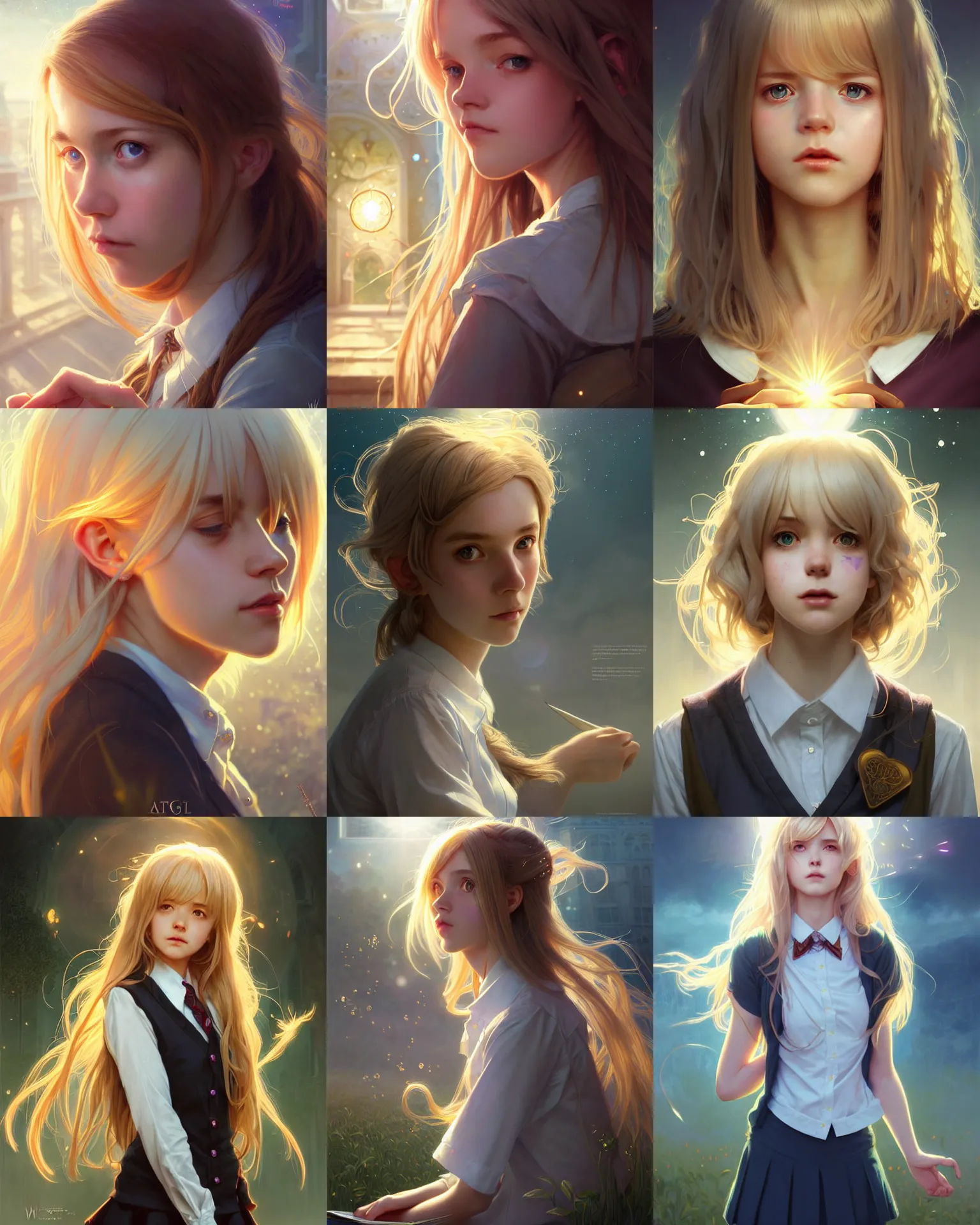 Prompt: portrait of an innocent lost college girl, magic school uniform, light - coloured hair, large messy hair style, fantasy building, intricate, sharp focus, lens flare, bloom, rim light, illustration, highly detailed, digital painting, concept art, matte, art by wlop and artgerm and greg rutkowski and alphonse mucha, masterpiece