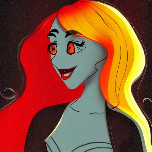 Prompt: a photo of a young woman. moody and melanchonic. disney artstyle. red, yellow