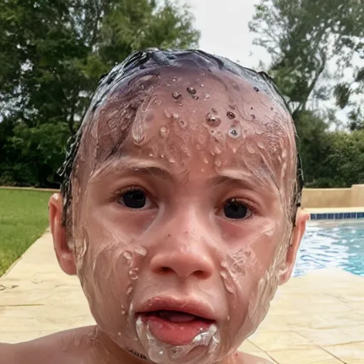 Prompt: swimmer with wet face dripping fresh out the pool