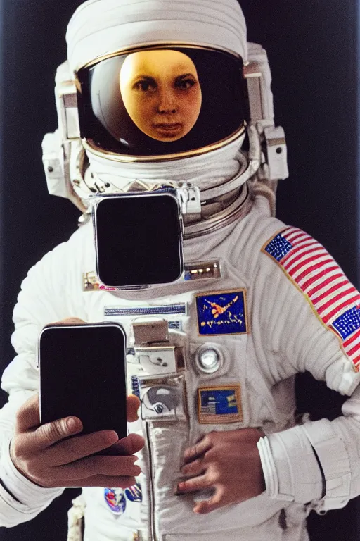 Prompt: extremely detailed studio portrait of space astronaut, holds a smart phone in one hand, phone!! held up to visor, reflection of phone in visor, moon, extreme close shot, soft light, golden glow, award winning photo by diane arbus