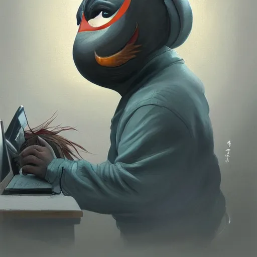 Image similar to a insanely detailed painting of a chubby masked asian man wearing a costume sitting at a desk, staring at the nervously at the computer typing, in the style of peter mohrbacher, dramatic lighting and composition, trending on artstation, concept art, comic book