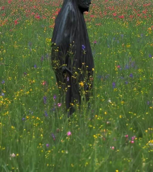 Image similar to mystical black death god figure standing in tall meadow of flowers, dslr photo, grainy, high detail, high resolution