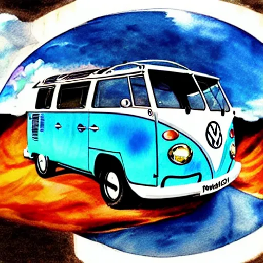 Image similar to a fisheye perspective caricature watercolor painting of a vw volkswagen bus, camper, bulli, type - 2, microbus, kombi, flying towards the camera, jumping at the viewer, dynamic action shot, fish eye lense, frontal, a dramatically erupting vulcano is seen in the background