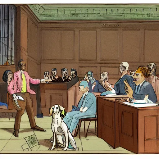 Image similar to an illustration of a dog accused inside a court, tribunal, a lawyer trying to defend him, pastel colors, 8 k, ultra detailed,