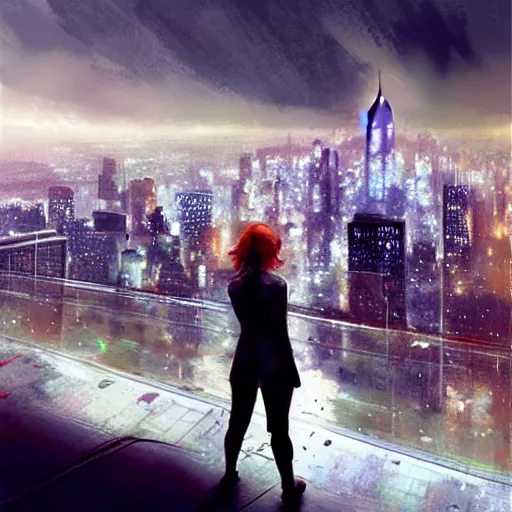 Prompt: “ a girl standing on a ledge looking down at a futuristic new york city below, bright city lights, storm clouds, rain, dramatic lighting, digital art, concept - art by craig mullins ”