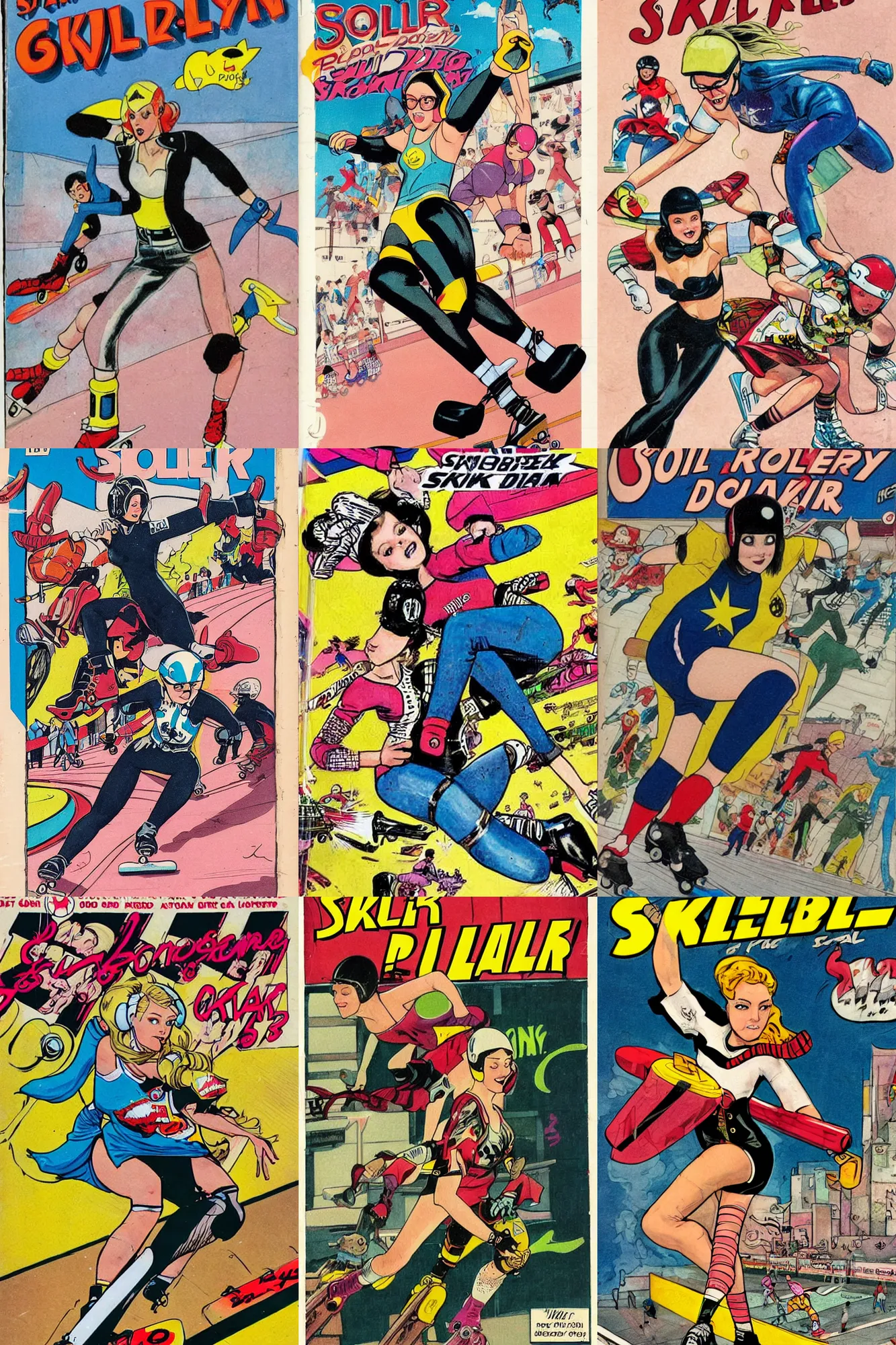 Prompt: comic book cover of roller derby girl, skating fast illustration by Frank Hampson