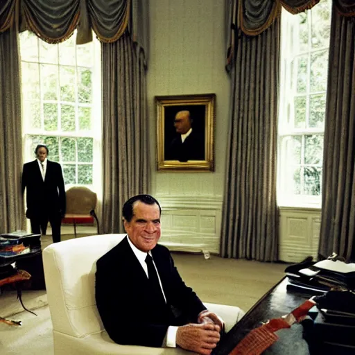 Image similar to President Richard Nixon in the Oval Office. White House photo. Dramatic lighting, color.