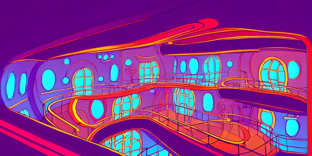 Image similar to minimalistic curly perspective digital art of indoor top floor of a casino with a balcony to the ground floor by anton fadeev from ( nightmare before christmas )!!!!!!!!!!