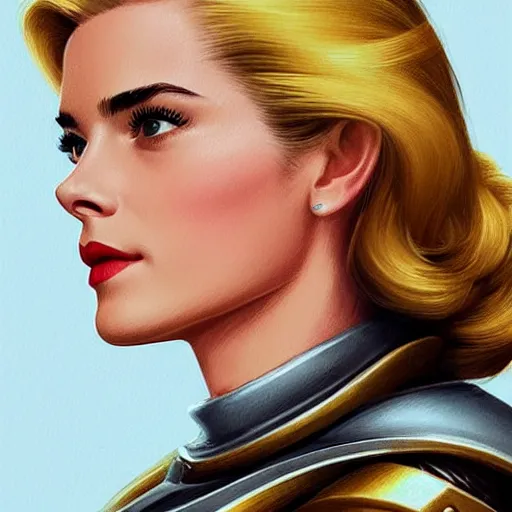 Image similar to A combination of Grace Kelly's and Emma Watson's and Ashley Greene's appearances with blonde hair wearing Master Chief's armor, full body portrait, western, D&D, fantasy, intricate, elegant, highly detailed, digital painting, artstation, concept art, matte, sharp focus, illustration, art by Artgerm and Greg Rutkowski and Alphonse Mucha