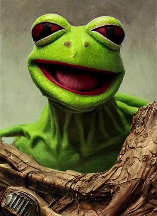 Image similar to portrait of Kermit the frog in Evil Dead (2013), highly detailed, centered, solid color background, digital painting, artstation, concept art, smooth, sharp focus, illustration, artgerm, donato giancola, Joseph Christian Leyendecker, Les Edwards, Ed Repka, WLOP, Artgerm