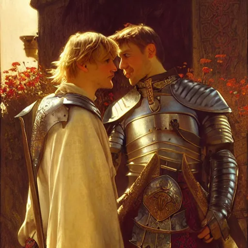 Image similar to attractive arthur pendragon and his favourite attractive male knight, they are in love, camelot, natural lighting, path traced, highly detailed, high quality, digital painting, by gaston bussiere, craig mullins, alphonse mucha j. c. leyendecker